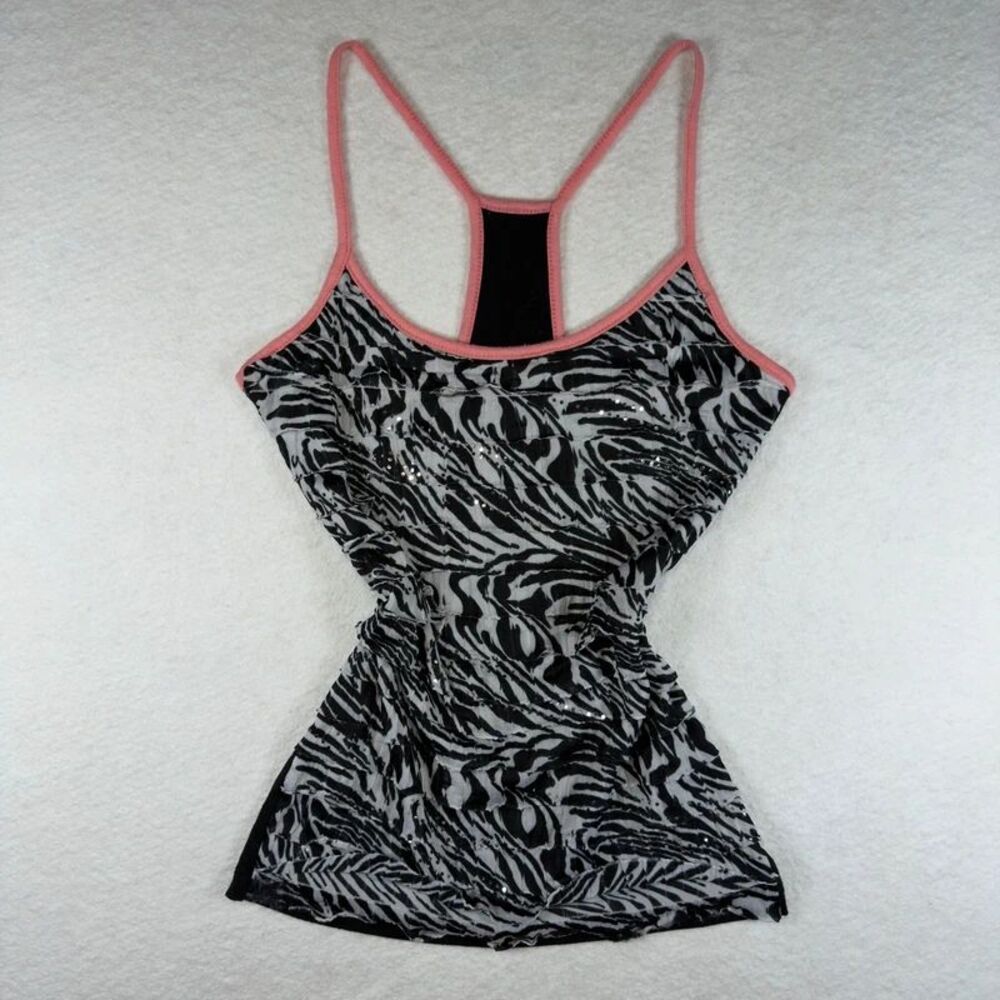 Vintage Y2K Love Kisses Zebra Print Tiered Ruffle Cami Tank Top Sequin Size S